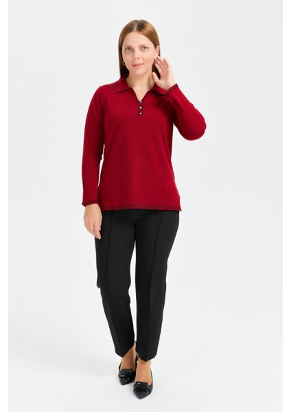 Büyük Beden Polo Yaka Triko Kazak-Bordo fiyatları