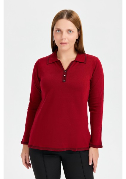 Büyük Beden Polo Yaka Triko Kazak-Bordo indirimleri