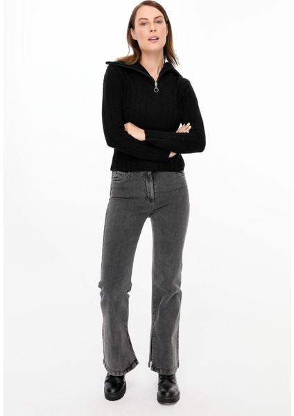 Örgü Desenli Polo Yaka Triko Kazak-Siyah