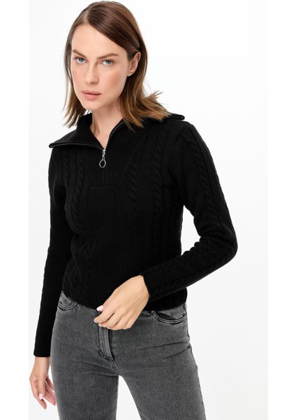 Örgü Desenli Polo Yaka Triko Kazak-Siyah fiyatları