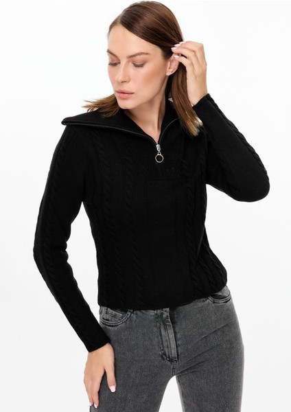 Örgü Desenli Polo Yaka Triko Kazak-Siyah fırsatları