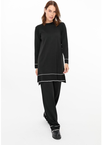 Çizgi Kombinli Tunik Pantolon Triko Takım-Siyah fiyatları
