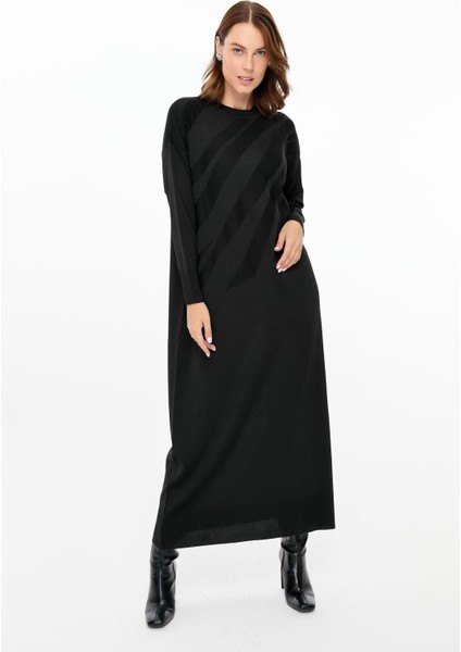 Kendinden Desenli Triko Elbise-Siyah fiyatları