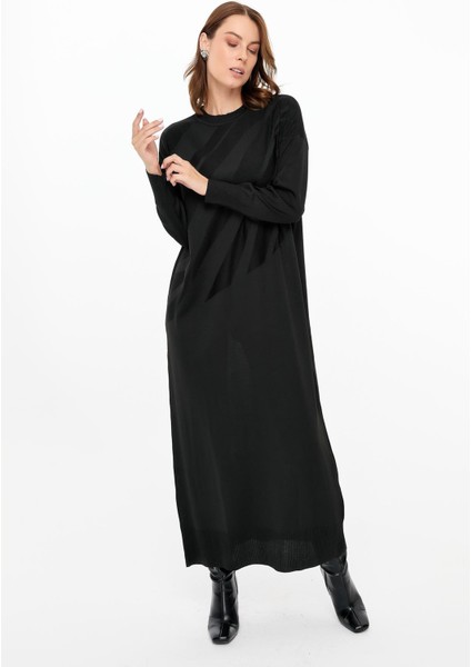 Kendinden Desenli Triko Elbise-Siyah modelleri