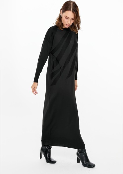 Kendinden Desenli Triko Elbise-Siyah indirimleri