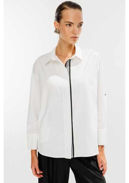 Şerit Detaylı Coton Gömlek-Kemık