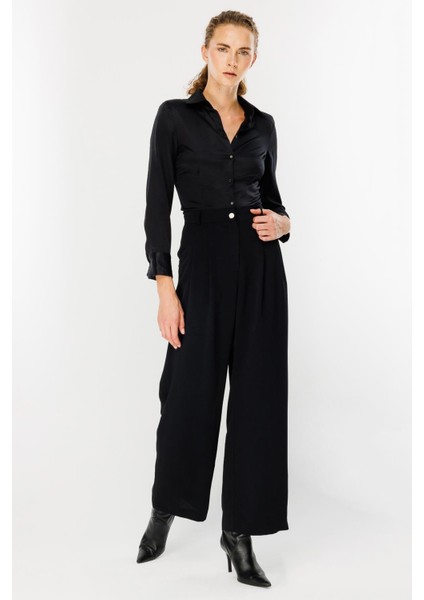 Pileli Yüksek Bel Palazzo Pantolon-Siyah