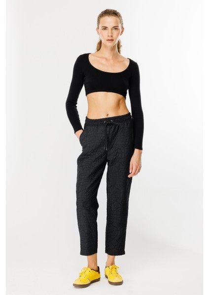 Kapitone Desenli Beli Lastikli Pantolon-Sıyah