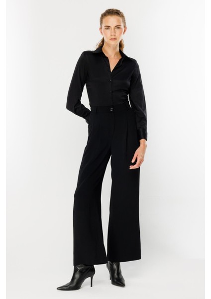 Pileli Yüksek Bel Palazzo Pantolon-Siyah indirimleri