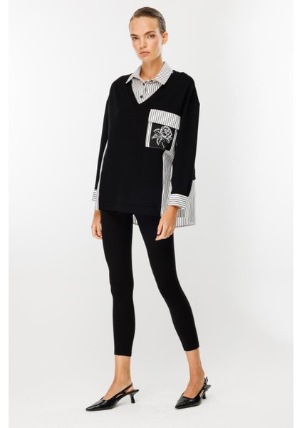 Çizgili Gömlek Detaylı Tunik-Siyah