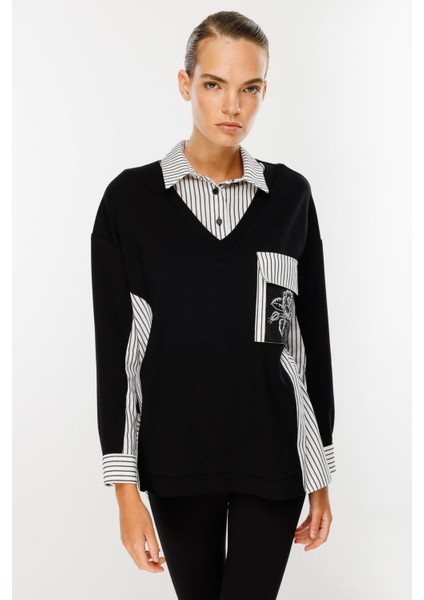 Çizgili Gömlek Detaylı Tunik-Siyah