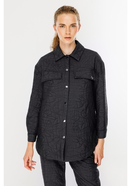 Gömlek Yaka Kapitone Kumaş Tunik-Siyah