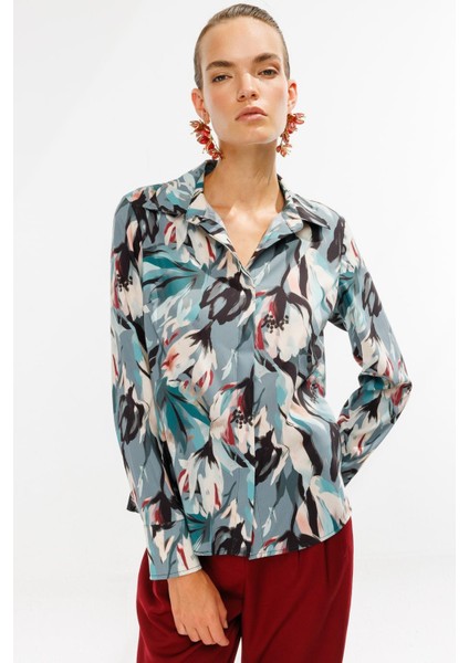 Gizli Düğmeli Uzun Kollu Gömlek-Yeşil