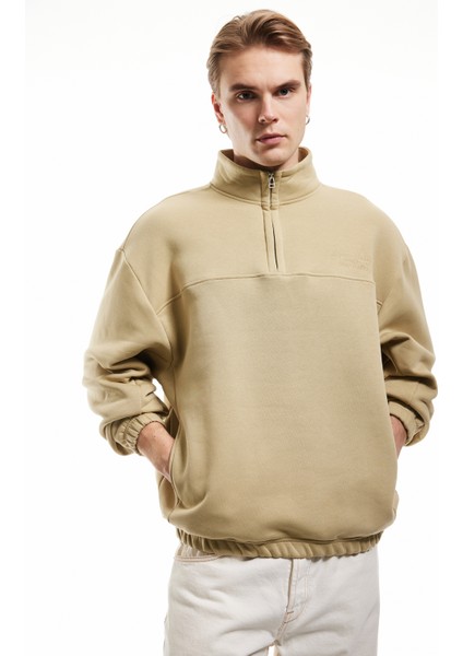 Işlemeli Cep Detaylı Şardonlu Yarım Fermuarlı Oversize Sweatshirt