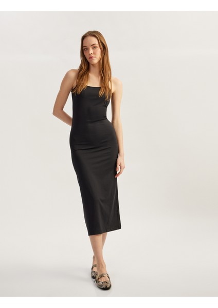 Slim Fit Ince Askılı Uzun Elbise