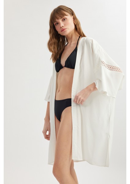 Viskon Kumaş Fisto Detaylı 3/4 Kol Oversize Kimono