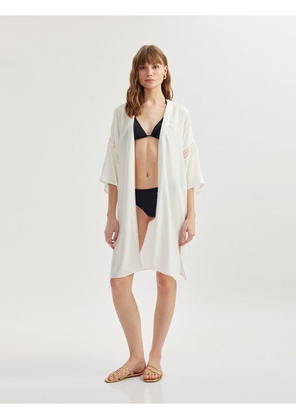 Viskon Kumaş Fisto Detaylı 3/4 Kol Oversize Kimono