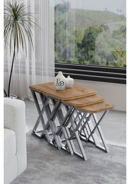Milano 3'lü Zigon Sehpa Takımı Gümüş Metal - Atlantik Çam Tabla
