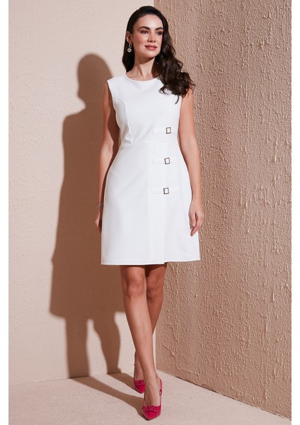 Standart Fit Kemerli Bisiklet Yaka Mini Elbise Bayan Elbise 611EL1964