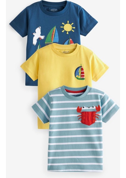 Baby % 100 Pamuklu Mavi Sarı Baskılı Kısa Kollu Tshirt 3’lü Set
