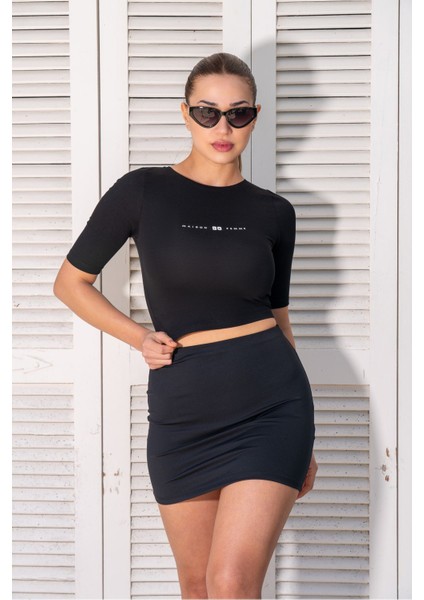 Süper Fitted Siyah Crop Top Etek Takım