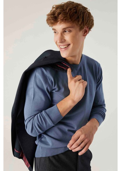 Ds Damat Regular Fit Koyu Mavi Tüylenme Yapmayan Bisiklet Yaka Triko Kazak 5HF06ORT12004