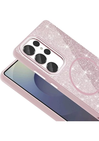 Samsung Galaxy S25 Ultra Kılıf Magsafe Şarj Destekli Parlayan Simli Okso Kapak