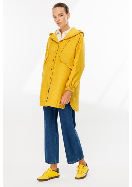 Kapüşonlu Kapitone Desen Spor Ceket-Safran