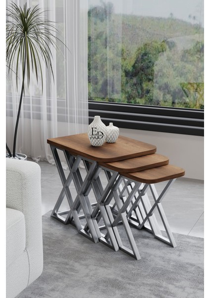 Milano 3'lü Zigon Sehpa Takımı Gümüş Metal - Barok Tabla