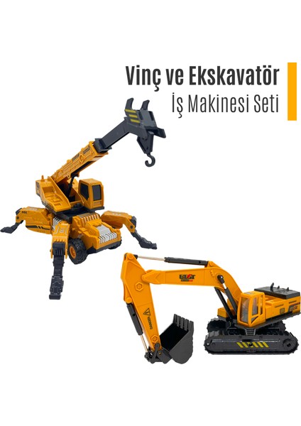 Oyuncak Iş Makinesi Seti - 2 Araç - Oyuncak Vinç ve Ekskavatör - Büyük Boy