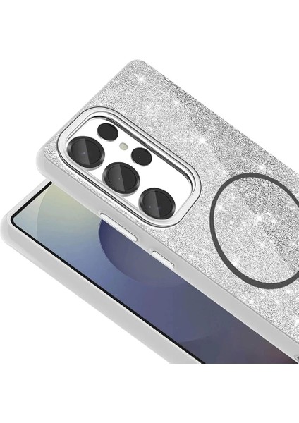 Samsung Galaxy S25 Ultra Kılıf Magsafe Şarj Destekli Parlayan Simli Okso Kapak