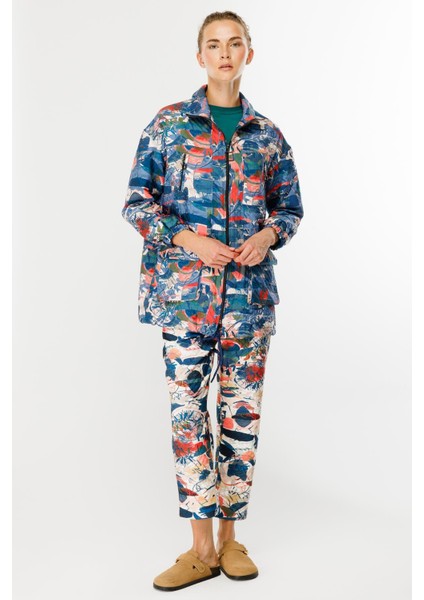 Cepli Desenli Kapitone Spor Ceket-Mavi