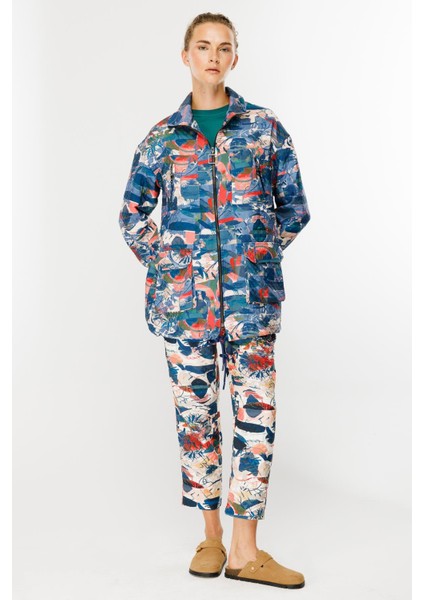 Cepli Desenli Kapitone Spor Ceket-Mavi