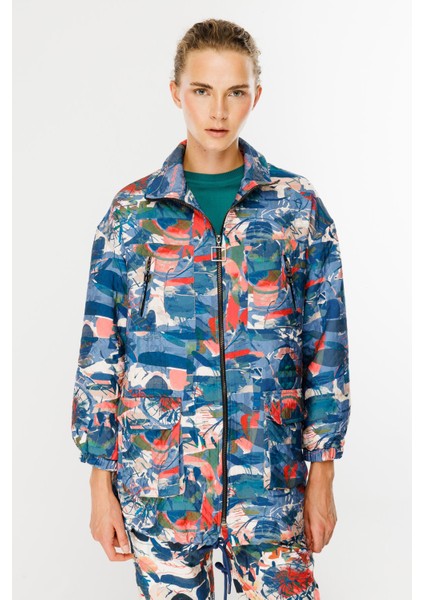 Cepli Desenli Kapitone Spor Ceket-Mavi