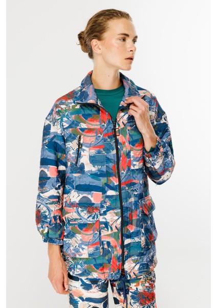 Cepli Desenli Kapitone Spor Ceket-Mavi