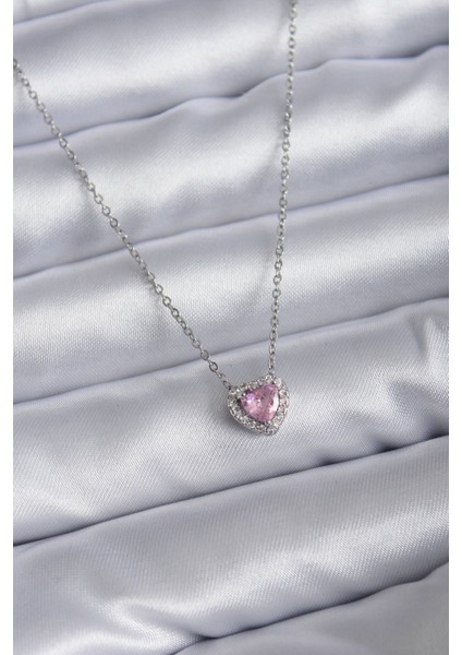 316L Çelik Zincirli Gümüş Renk Pembe Zirkon Taşlı Charm Kadın Kolye - TJ-BKO7817