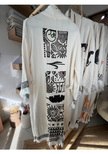 Pamuklu Etnik Desenli Müslin Kimono Yeni Nesil Bornoz Kaftan Sabahlık - El Baskı