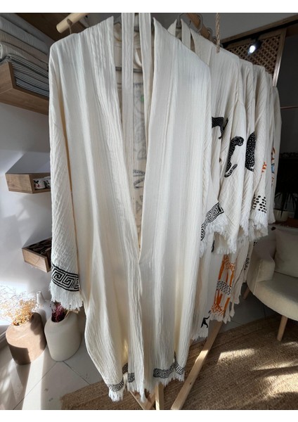 Pamuklu Etnik Desenli Müslin Kimono Yeni Nesil Bornoz Kaftan Sabahlık - El Baskı