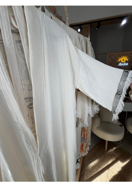 Pamuklu Etnik Desenli Müslin Kimono Yeni Nesil Bornoz Kaftan Sabahlık - El Baskı