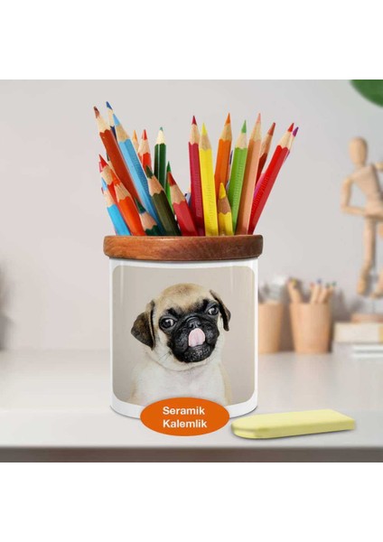 Buldog Cinsi Mutlu Köpek Ahşaplı Seramik Kalemlik -64830