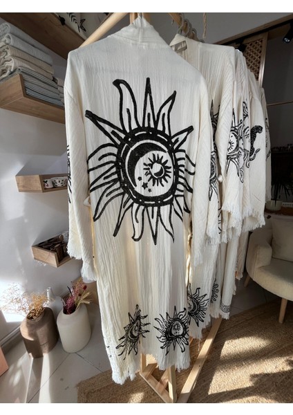 Pamuklu Güneş ve Ay Desenli Müslin Kimono Yeni Nesil Bornoz Kaftan Sabahlık - El Baskı