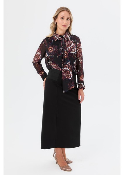 Yanları Lastik Detaylı Büyük Beden Etek-Siyah