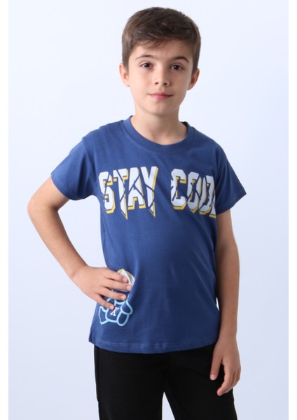 Erkek Çocuk Tişört Stay Cool Baskılı Bisiklet Yaka F18