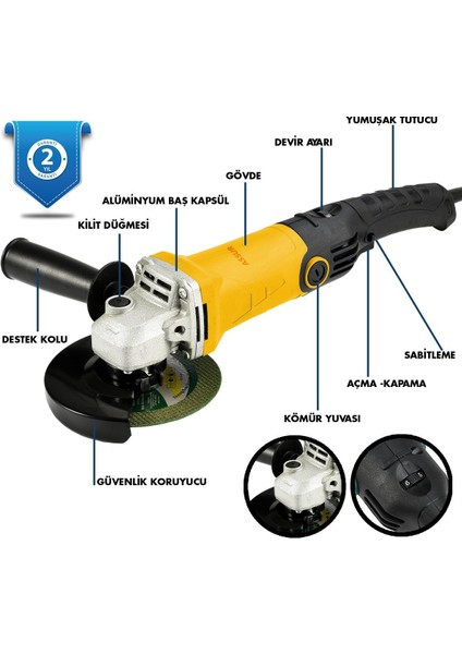 1200W Avuç Taşlama Makinesi 125mm 6 Kademeli Uzun Kuyruk
