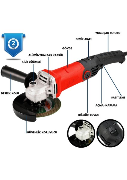 1200W Avuç Taşlama Makinesi 125mm 6 Kademeli Uzun Kuyruk