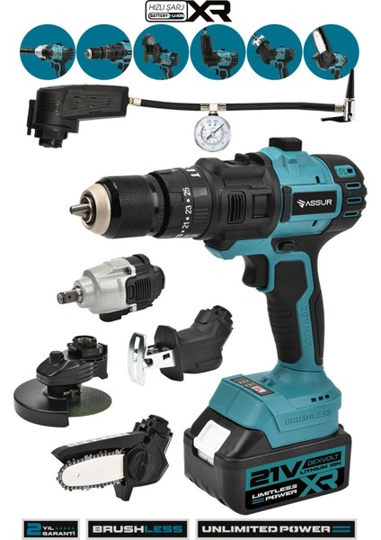 21V 6 Başlıklı Set Hava Pompası Vidalama Somun Sıkma Dal Budama Tilki Kuyruğu Taşlama