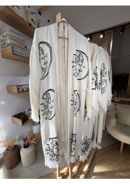 Pamuklu Güneş ve Ay Desenli Müslin Kimono Yeni Nesil Bornoz Kaftan Sabahlık - El Baskı
