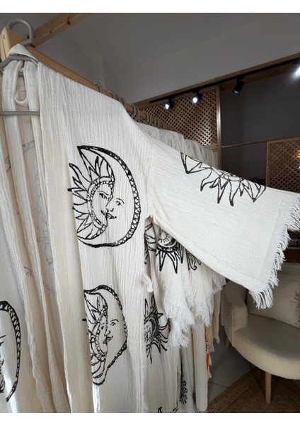 Pamuklu Güneş ve Ay Desenli Müslin Kimono Yeni Nesil Bornoz Kaftan Sabahlık - El Baskı