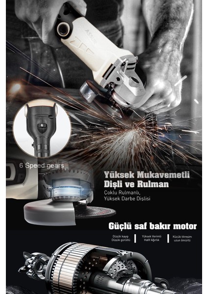 1200W Avuç Taşlama Makinesi 125mm 6 Kademeli Uzun Kuyruk