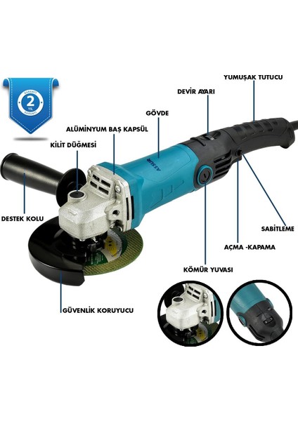 1200W Avuç Taşlama Makinesi 125mm 6 Kademeli Uzun Kuyruk